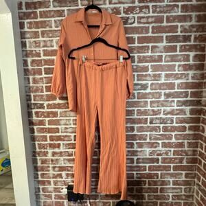 Khaadi Crinkle Textured Pant Set Balloon Sleeve Top  Women’s Small Orange